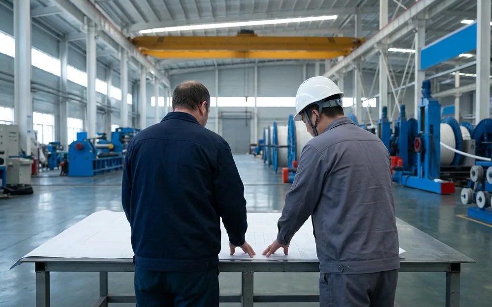 Engineers in a cable plant reviewing a construction drawing together