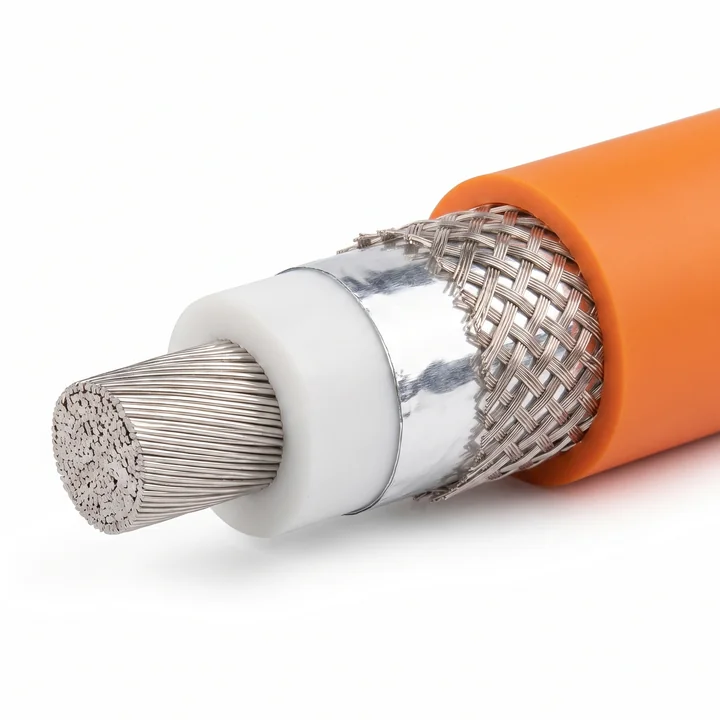 DC fast-charge power line cut back in steps: one fine-stranded tinned copper core, white insulation, a continuous aluminium foil screen, a tinned copper braid screen over it, and an orange TPU sheath