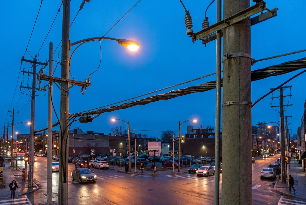 Street-lighting supply network carrying a dedicated lighting core in the same aerial bundle