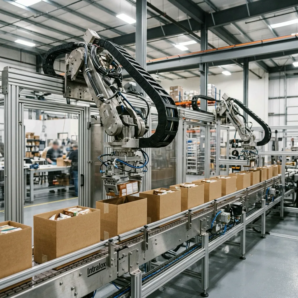 Automation and packaging line with multi-axis high-cycle motion running an abrasion-resistant PUR or TPE drag chain cable