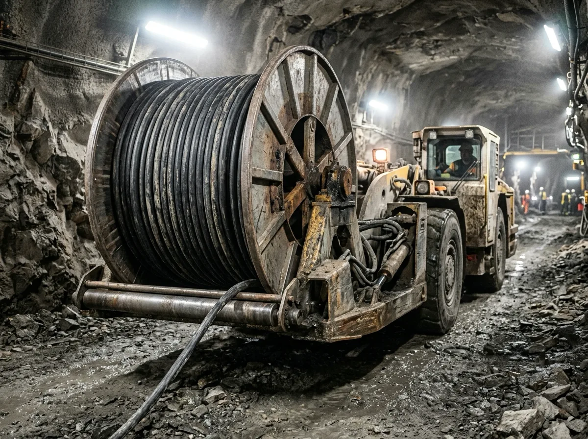 LHD loader and reel truck winding a reel-rated G-GC trailing and reeling cable on and off a drum