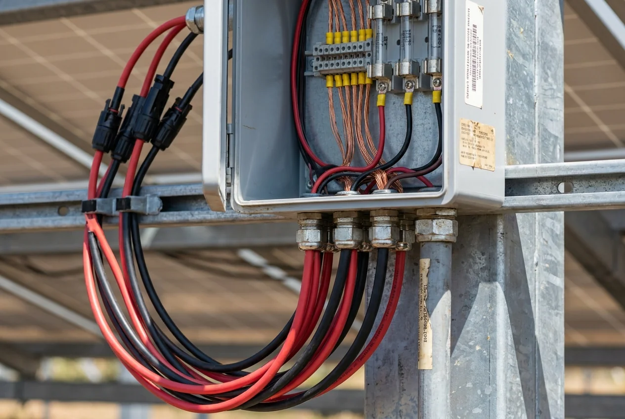 Module strings wired into a DC combiner box