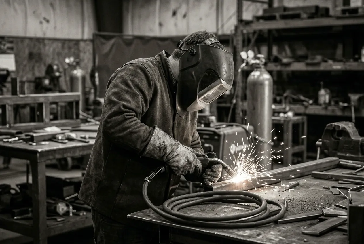 Welder using a coiled rubber welding lead at the torch